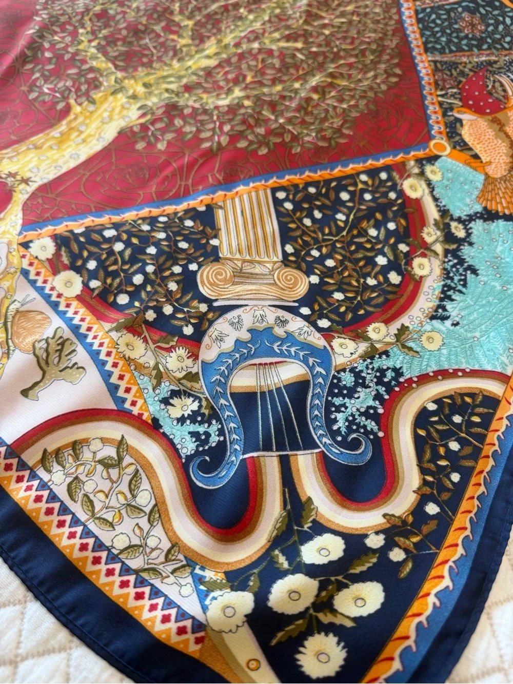 Vintage Style 100% Silk Scarf - Elegant Floral & Tree Print